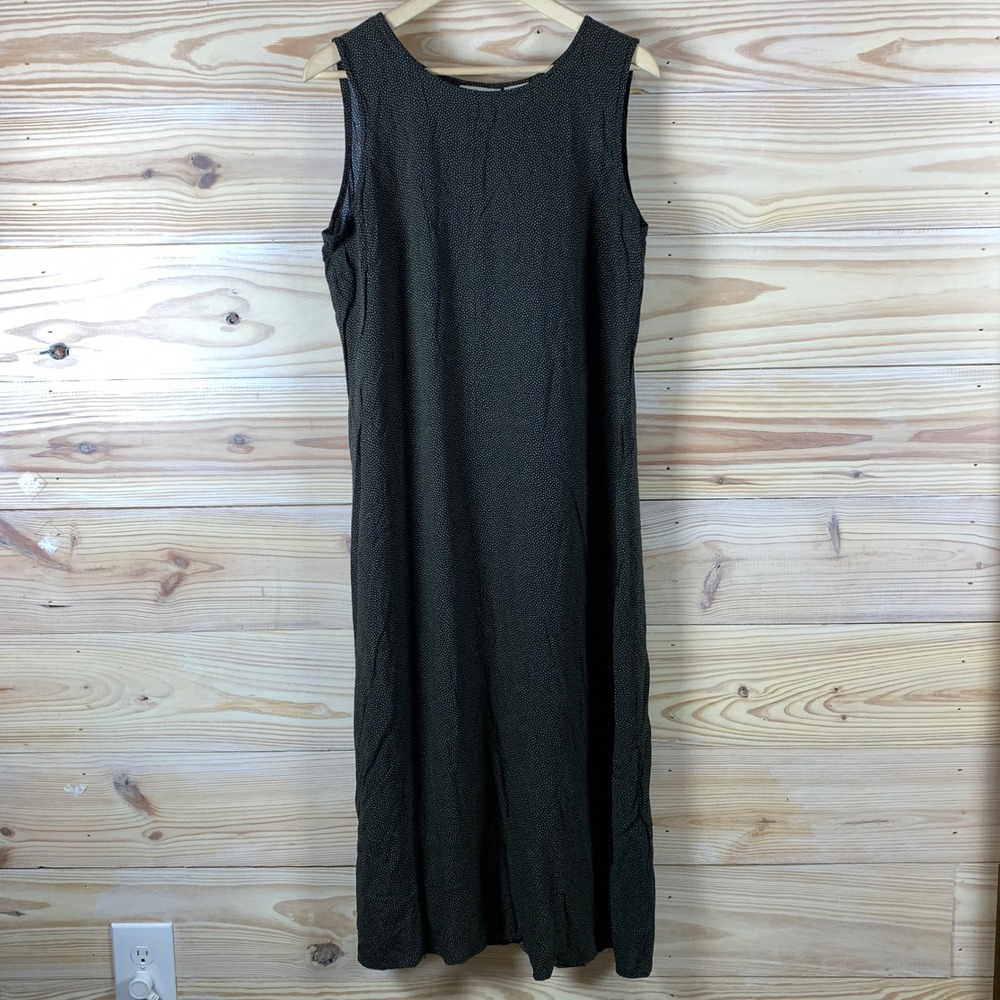 Vtg Worthington Maxi Dress Women 16 Black Micro Print Sleeveless Dark Cottage